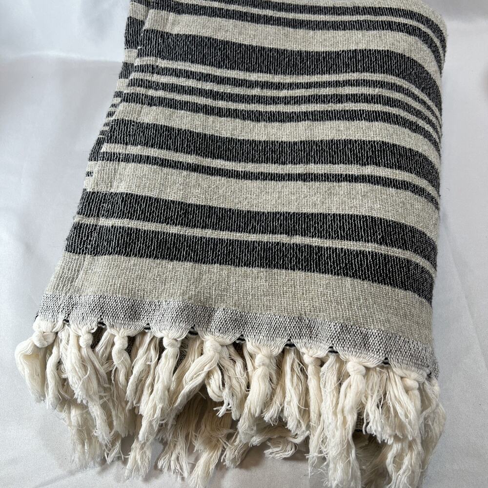 Hearth & Hand with Magnolia Striped Fringed Throw Blanket Black & Ivory Tassels